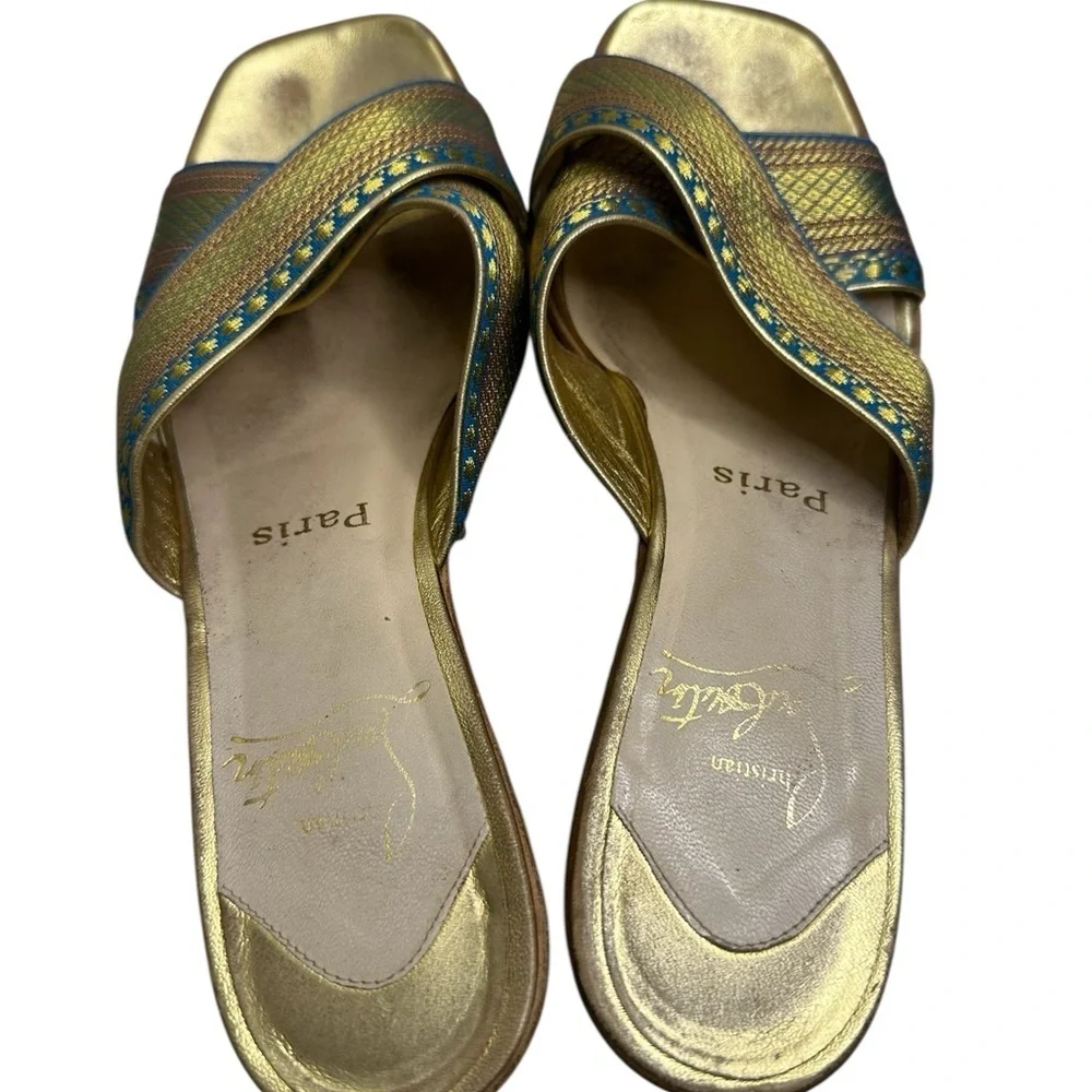 Christian Louboutin Gold and Blue Wedge Sandals, pre-owned, SZ 6.5